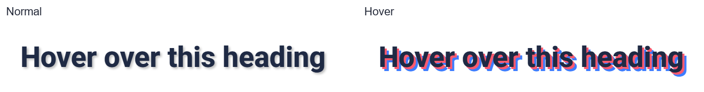 How to Change Text Shadow on Hover in Elementor? A heading with a soft grey text shadow, and the same heading on hover with pink and blue offset shadows