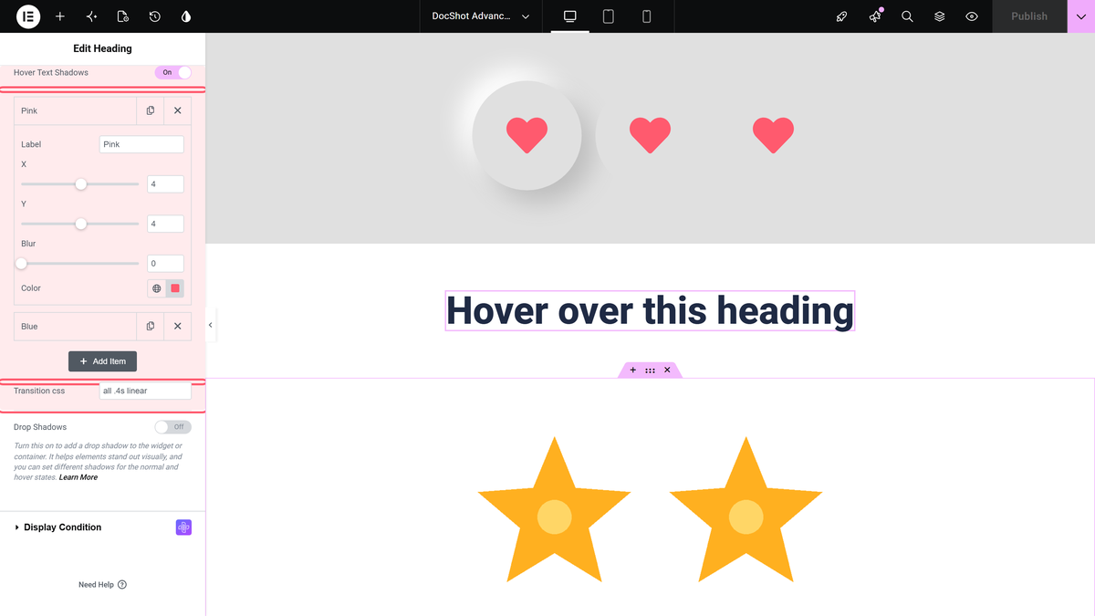 How to Change Text Shadow on Hover in Elementor? The hover tab of text shadows with hover text shadows on, a pink item open and transition css all. 4s linear
