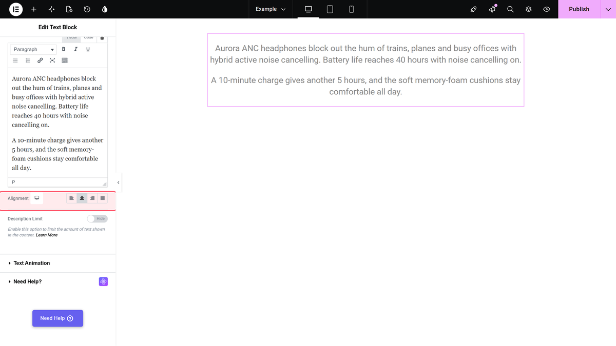 Advanced Text Block Elementor Widget Settings Overview Alignment set to center in the text block content section, with the canvas text centred