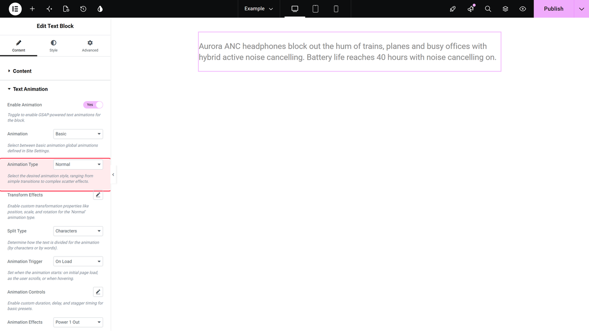 How to Add Text Animation in the Text Block Widget? The animation type dropdown set to normal in the text animation section