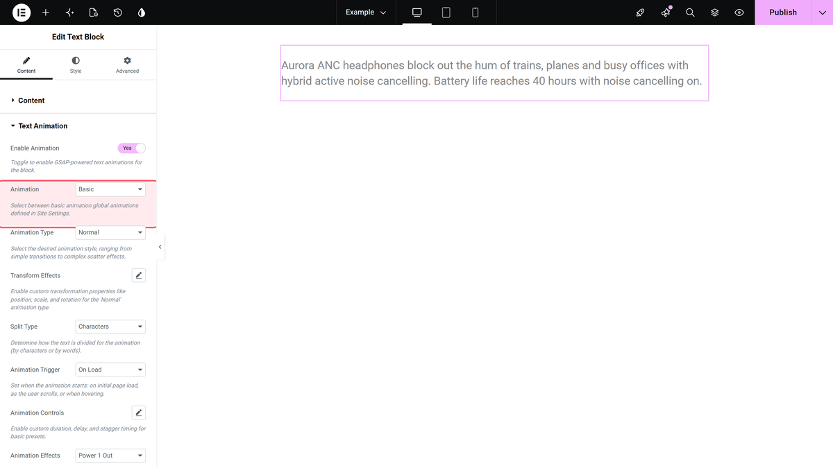 How to Add Text Animation in the Text Block Widget? Animation set to basic in the text animation section