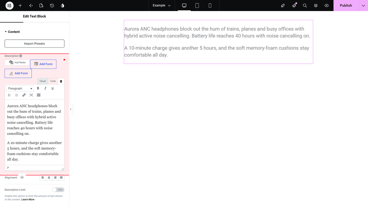 Advanced Text Block Elementor Widget Settings Overview The description field of the text block widget filled with product text, shown on the canvas
