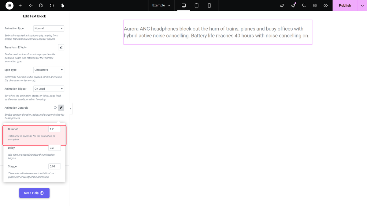 How to Add Text Animation in the Text Block Widget? The animation controls popover with duration 1. 2, delay 0. 3 and stagger 0. 04