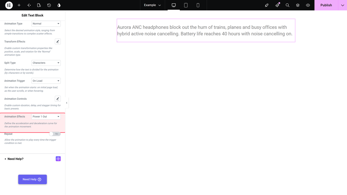 How to Add Text Animation in the Text Block Widget? Animation effects set to power 1 out in the text animation section