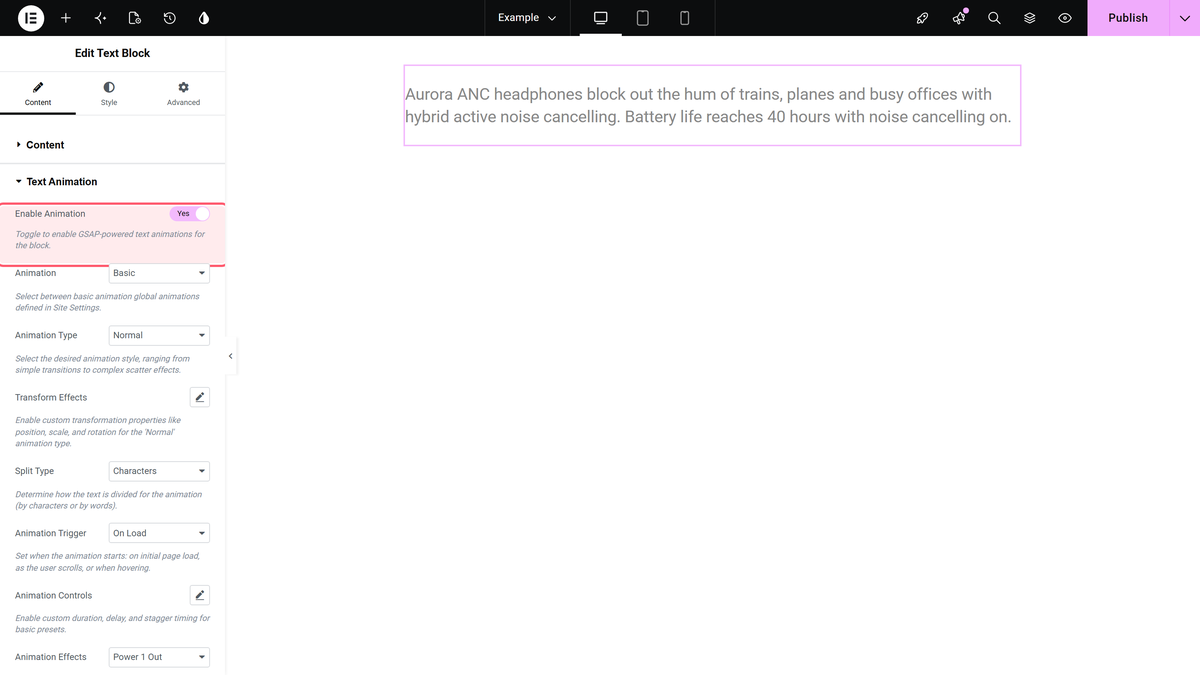 How to Add Text Animation in the Text Block Widget? Enable animation switched on in the text animation section of the text block widget