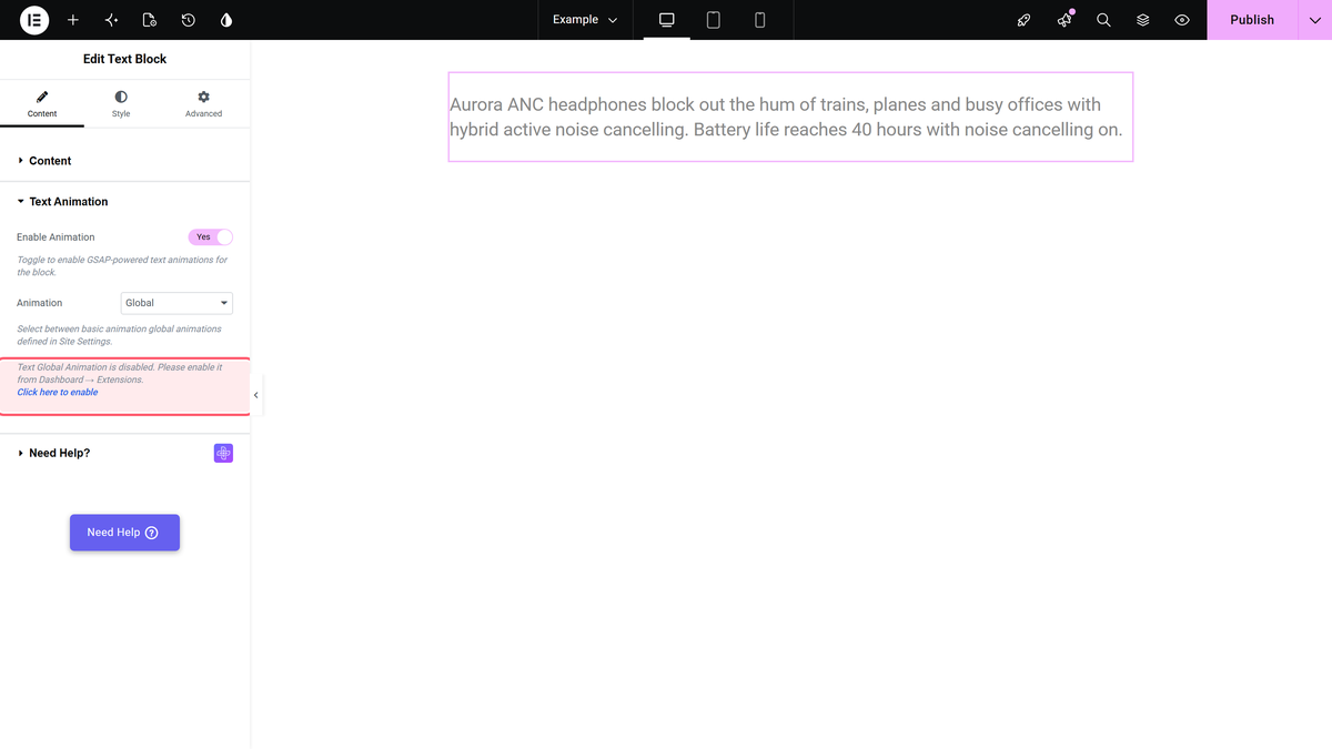 How to Add Text Animation in the Text Block Widget? Animation set to global with the note that text global animation is disabled and a click here to enable link