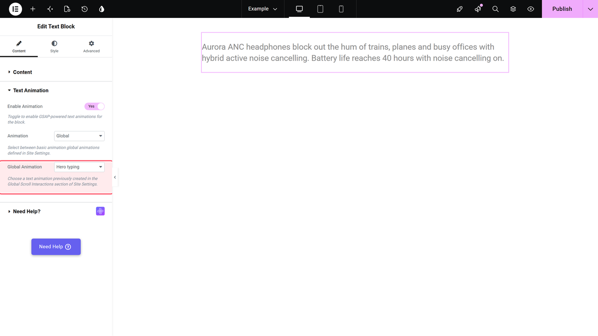How to Add Text Animation in the Text Block Widget? Animation set to global and global animation set to hero typing in the text block widget