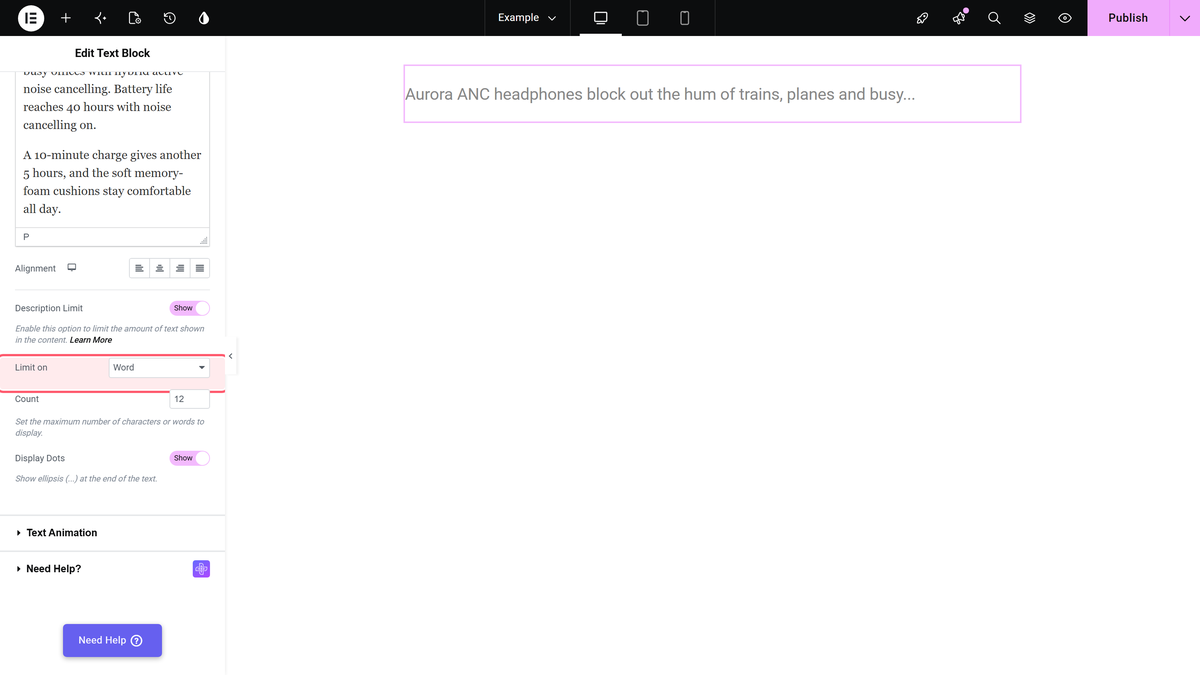 How to limit Word or Character count in Text widget in Elementor? Limit on set to word in the text block content section