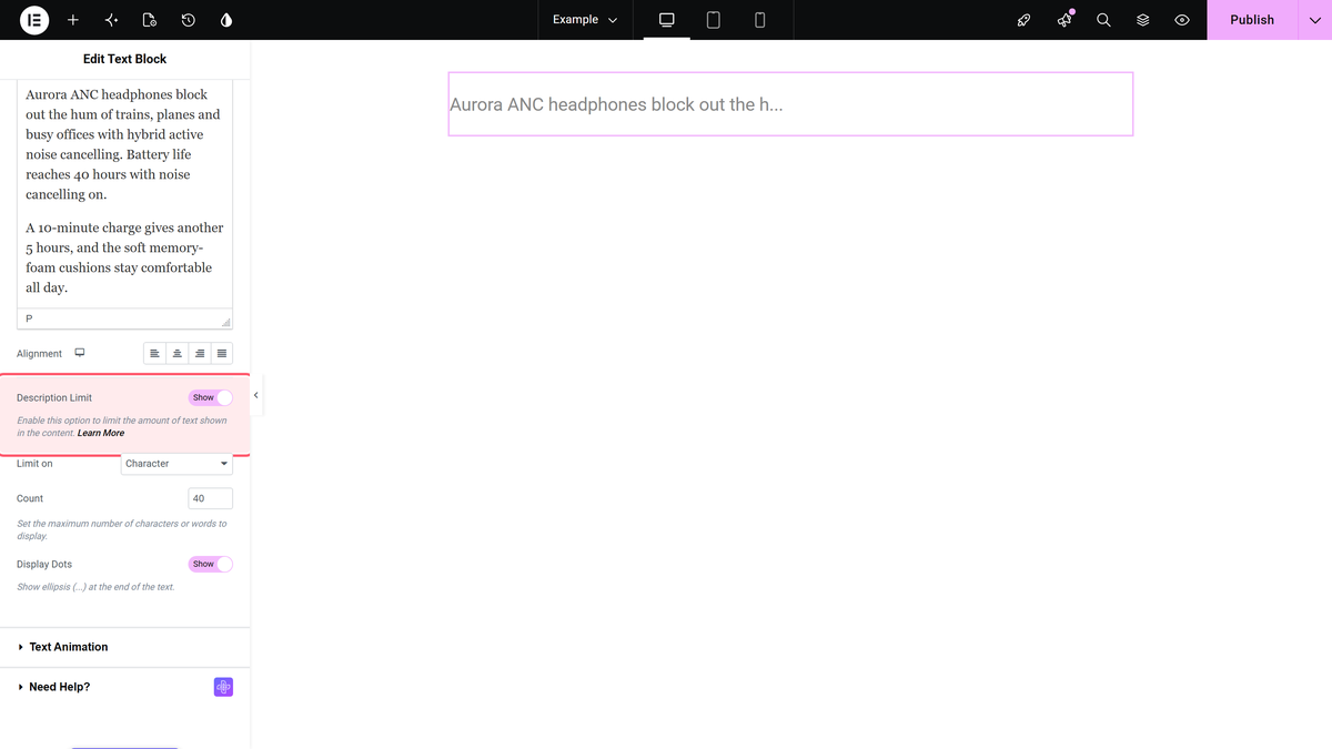 How to limit Word or Character count in Text widget in Elementor? Description limit switched on in the text block content section, with the text cut to 40 characters on the canvas