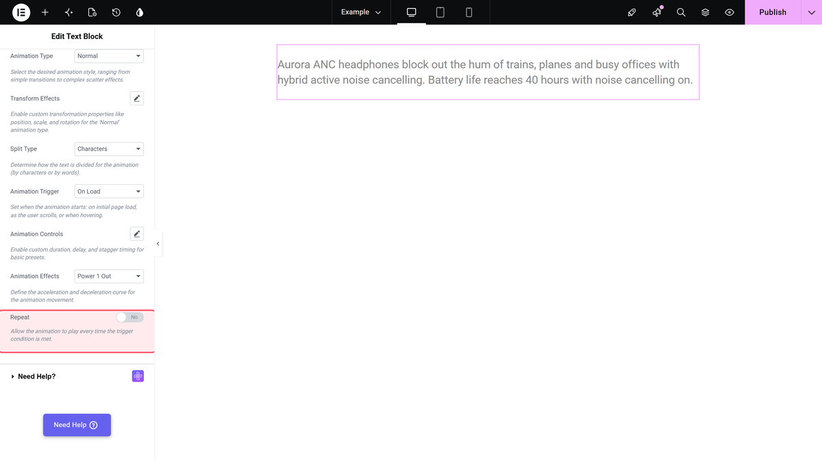 How to Add Text Animation in the Text Block Widget? The repeat switch at the end of the text animation section