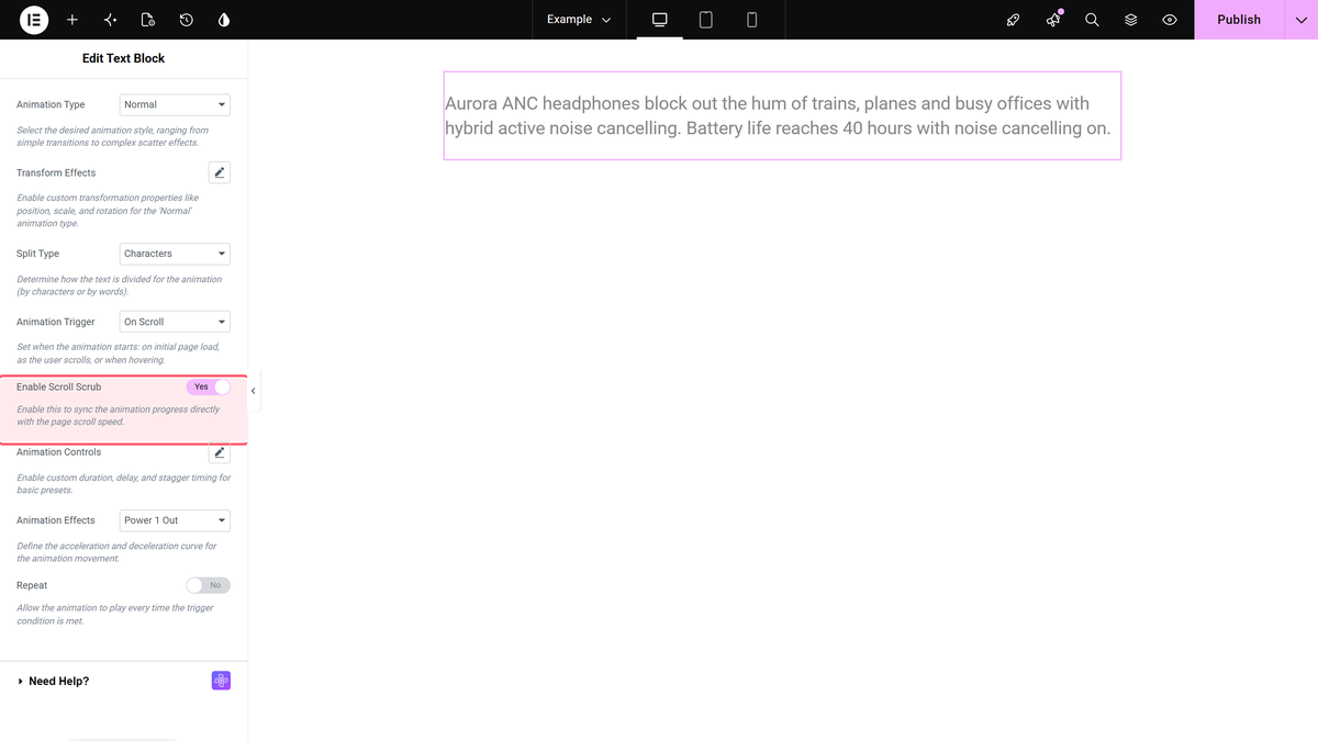 How to Add Text Animation in the Text Block Widget? Enable scroll scrub switched on under animation trigger