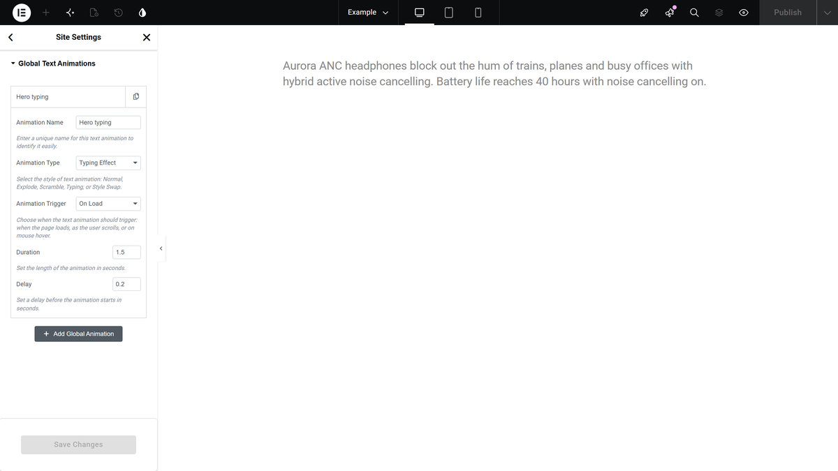 How to Add Text Animation in the Text Block Widget? Site settings open on global text animations with an animation named hero typing set to typing effect