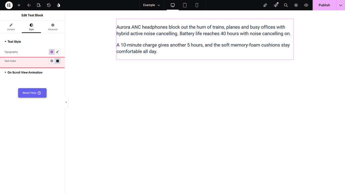 Advanced Text Block Elementor Widget Settings Overview The text style section in the style tab with typography and text color, and a dark text colour on the canvas
