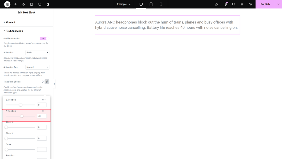How to Add Text Animation in the Text Block Widget? The transform effects popover open with y position set to 40 px