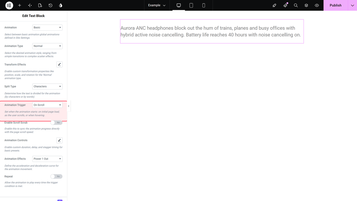 How to Add Text Animation in the Text Block Widget? Animation trigger set to on scroll, with enable scroll scrub shown below it