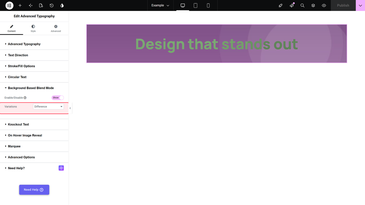 The background based blend mode section with variations set to difference, and the text blending with a purple background image on the canvas
