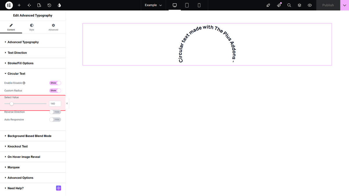 Custom radius switched on with select value set, and the text as a wide arc on the canvas