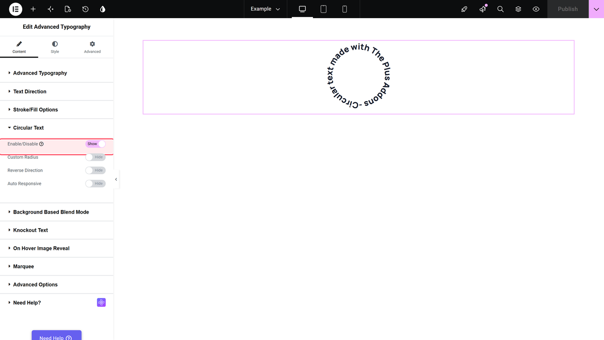 The circular text section switched on, with the text curved into a circle on the canvas