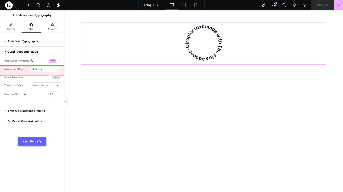 Style, continuous animation with animation effect set to rotating, and circular text on the canvas