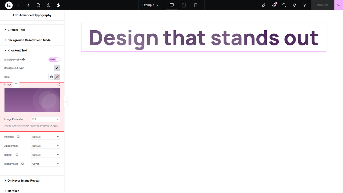 The knockout text section with an image chosen, and large text filled with the image on the canvas