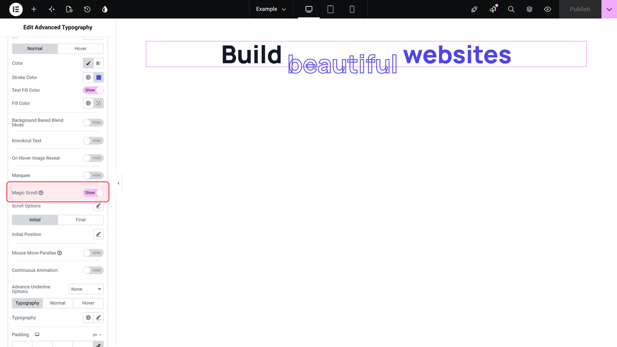 An opened text listing item with magic scroll switched on and its initial and final tabs