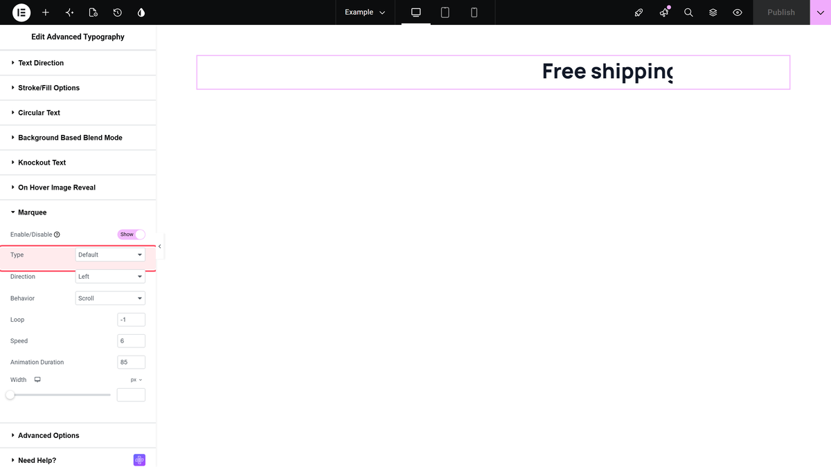 The marquee section with the type dropdown and scrolling text on the canvas