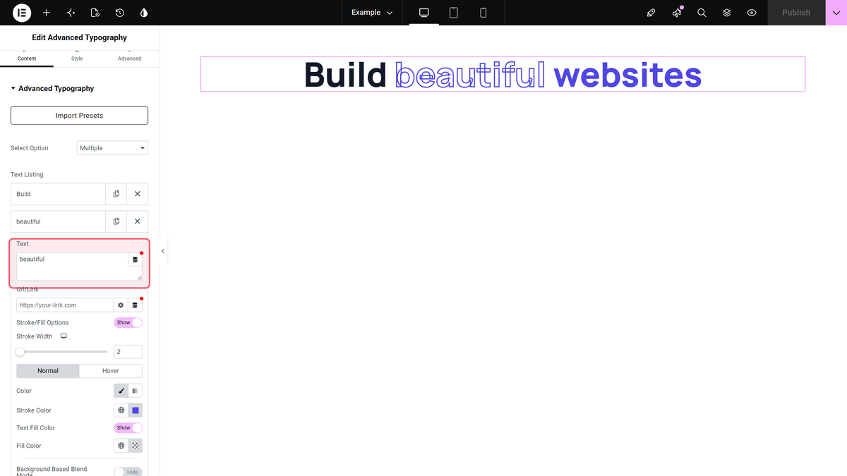 An opened text listing item with its text, url/link and effect switches