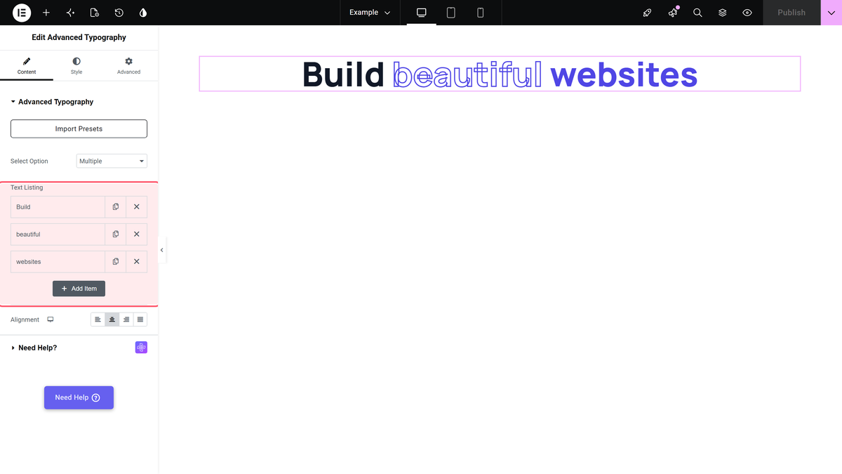 The text listing of the advanced typography widget in multiple mode with three items on the canvas