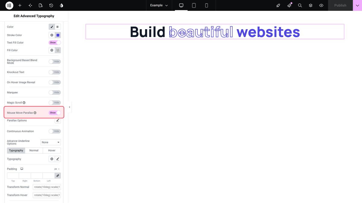 How to Add Mouse Move Parallax Effect on Text in Elementor? An opened text listing item with mouse move parallax switched on
