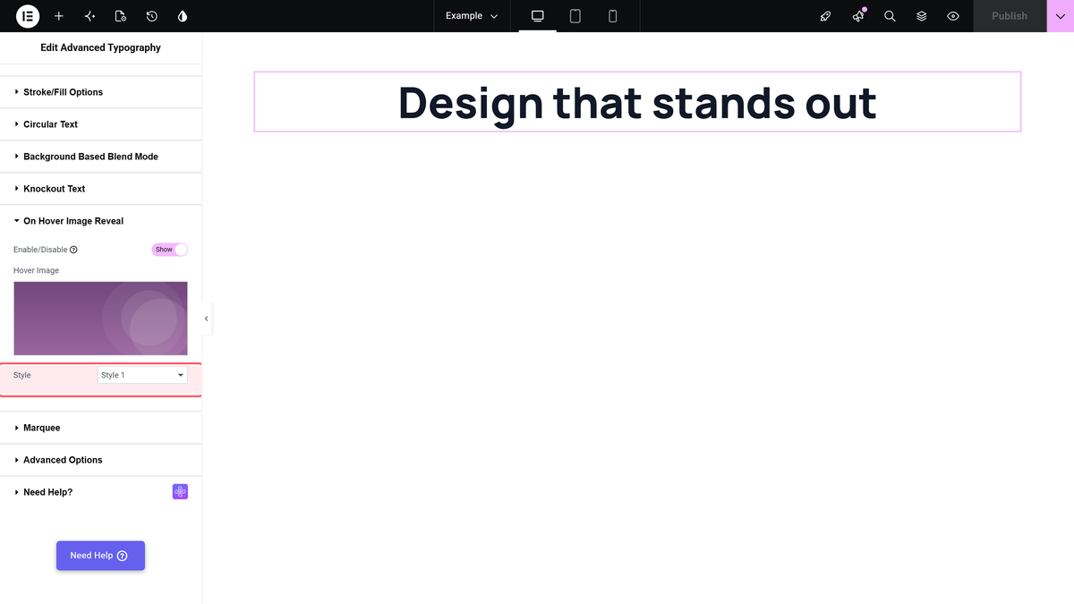 The on hover image reveal section with a hover image chosen and the style dropdown