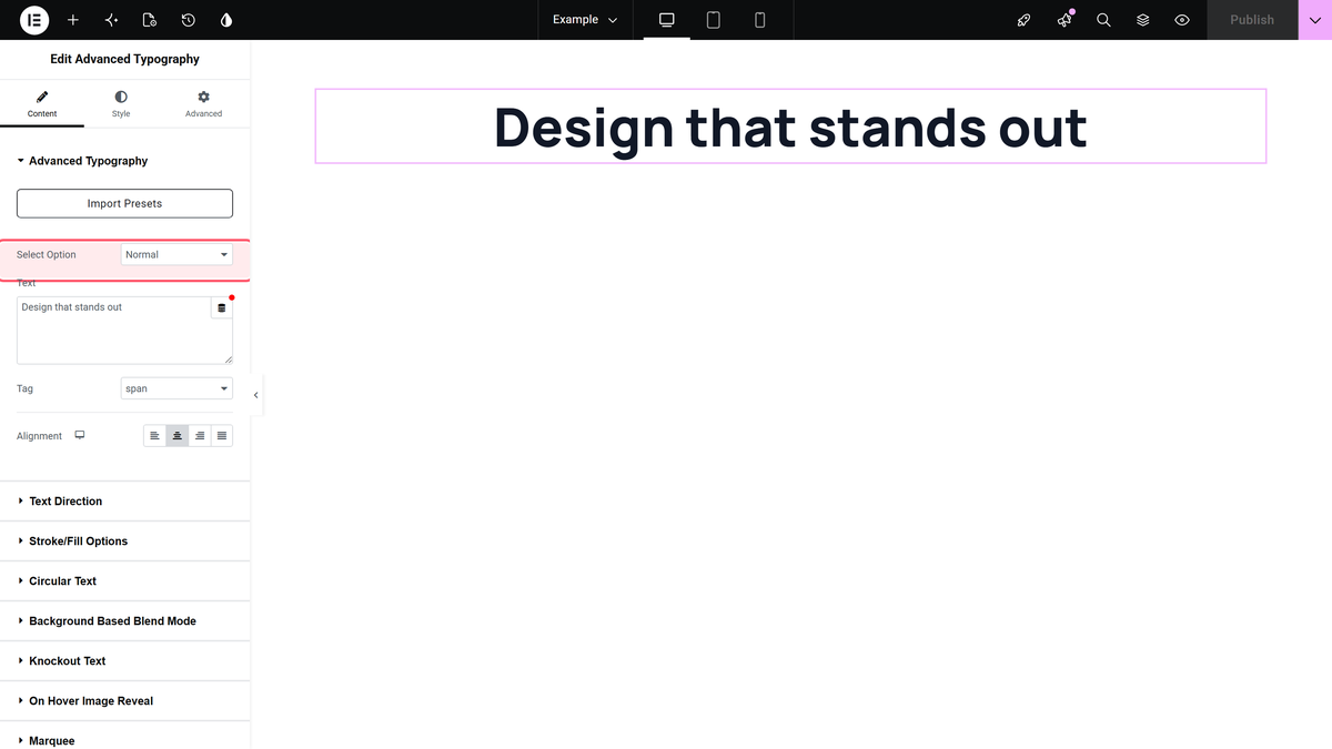 The select option dropdown of the advanced typography widget set to normal, with the text on the canvas