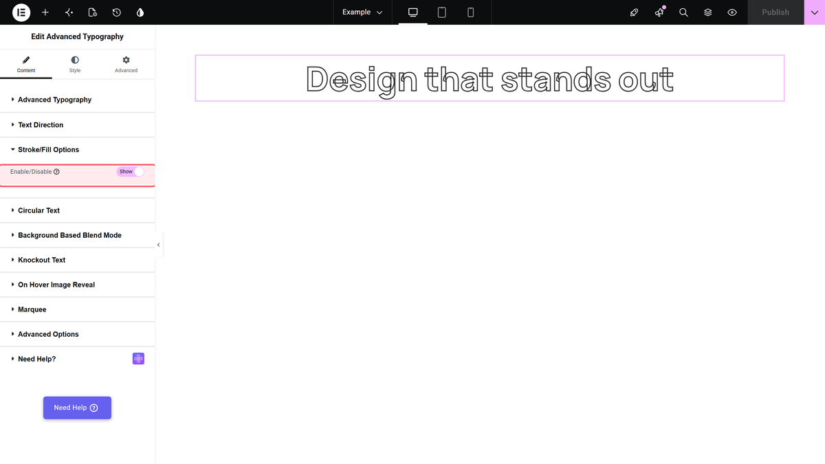 The stroke/fill options section switched on, with outlined text on the canvas
