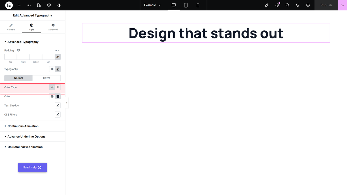 The style tab of the advanced typography widget with the normal and hover color settings