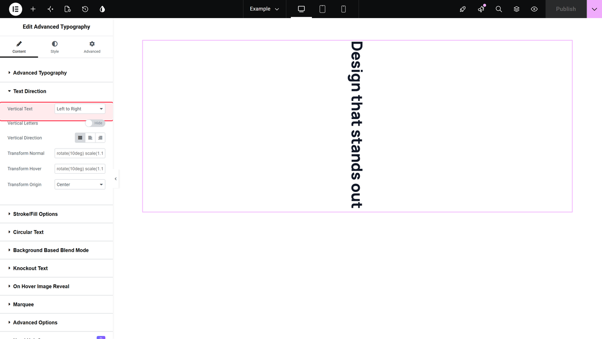 The text direction section with vertical text set to left to right and vertical text on the canvas