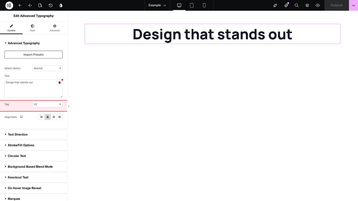 The text, tag and alignment settings of the advanced typography widget