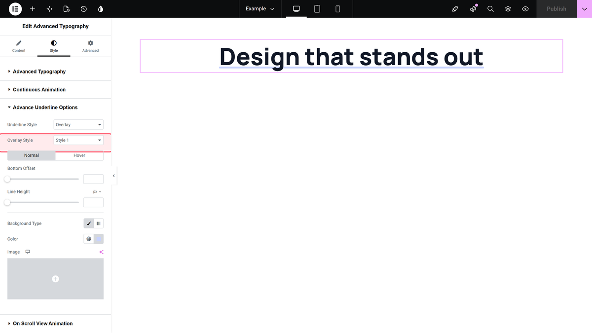 How to Add Underline Overlay Effect on Text in Elementor? The advance underline options with underline style set to overlay and overlay style 1, with the underline on the canvas