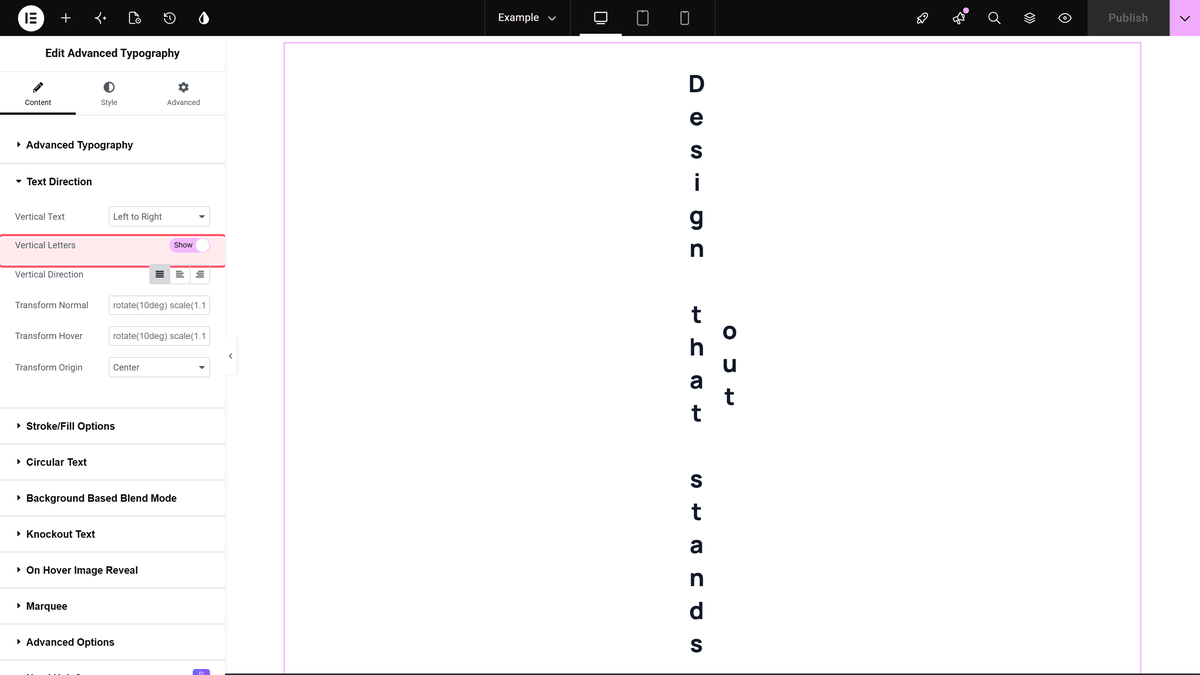 How to Add Vertical Text in Elementor? Vertical letters switched on, with upright stacked letters on the canvas