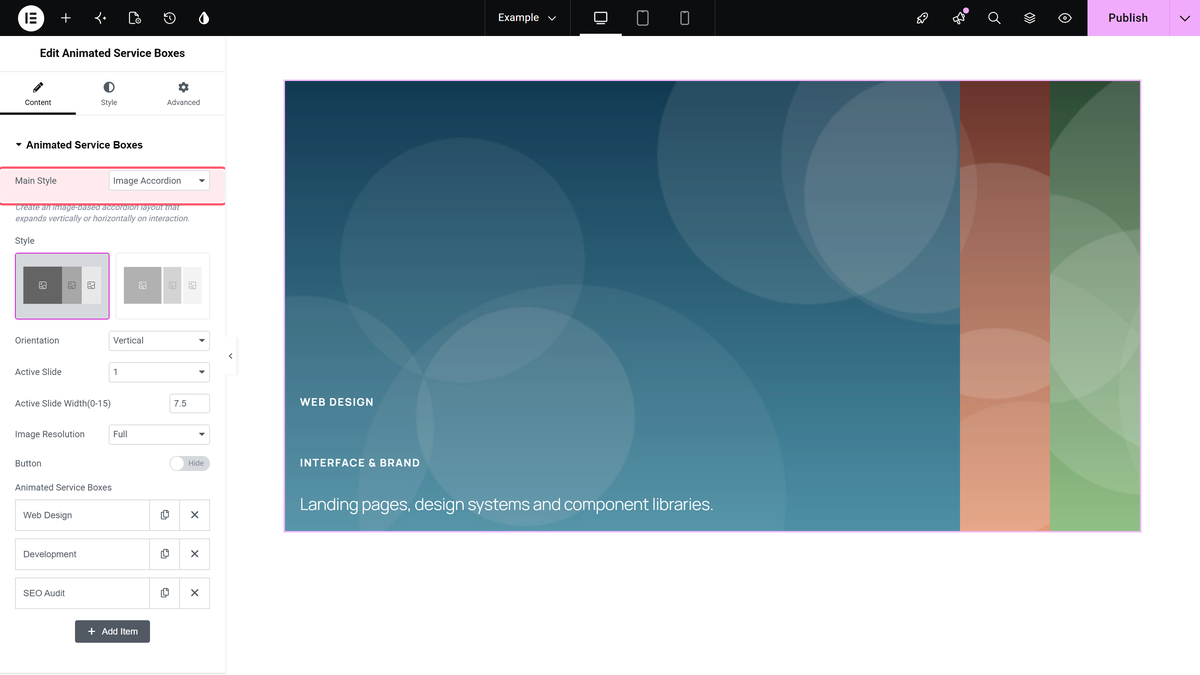 The main style dropdown in the animated service boxes section, with the eight layouts