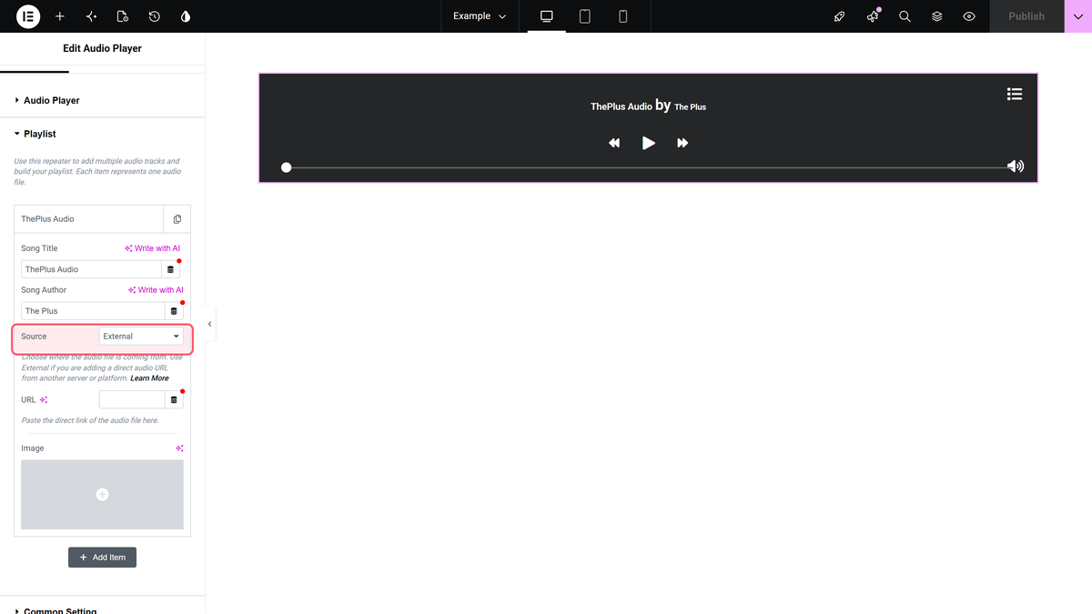 How to Add Audio Player in Elementor for MP3 Music, Podcast? A playlist item's source dropdown, with self hosted and external options.