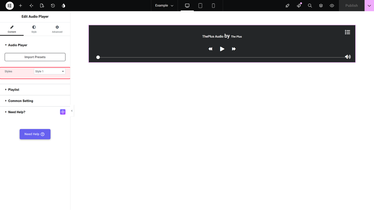 How to Add Audio Player in Elementor for MP3 Music, Podcast? The styles dropdown, choosing one of the audio player's pre-built player designs.
