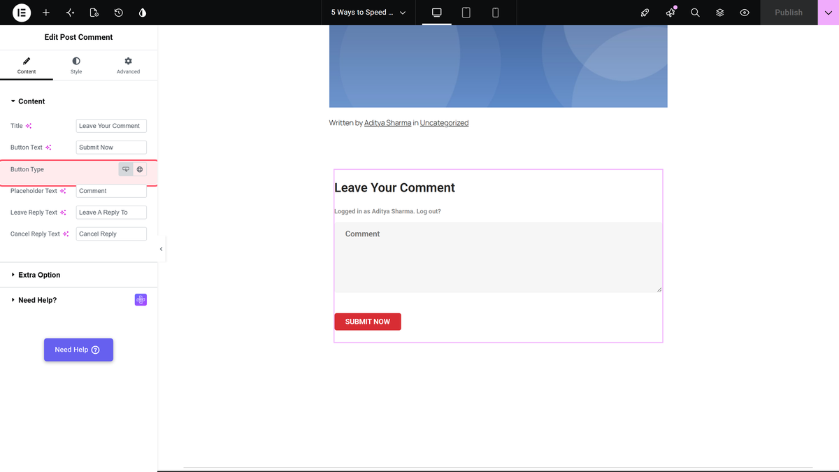 How to Customize Post Comments in Elementor Blog Post? Button type control for the comment submit button