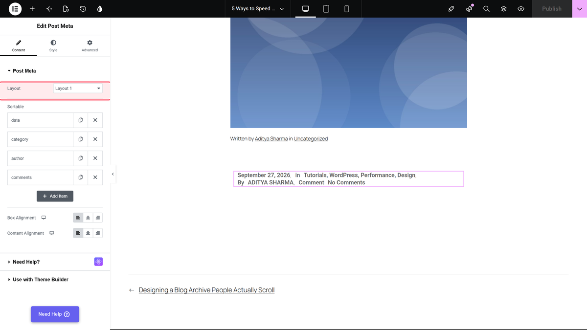 How to Add Post Meta in Elementor Blog Post? Layout dropdown, layout 1 vs layout 2