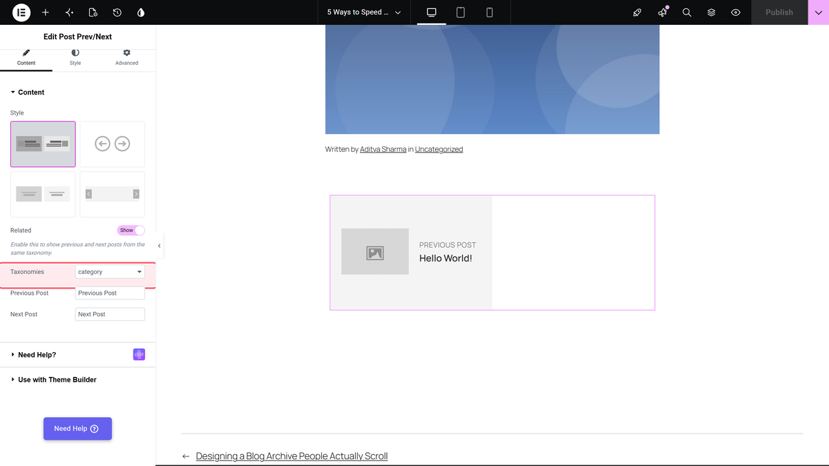 How to Add Post Next & Previous Button in Elementor Blog Post? Related toggle and its taxonomies dropdown