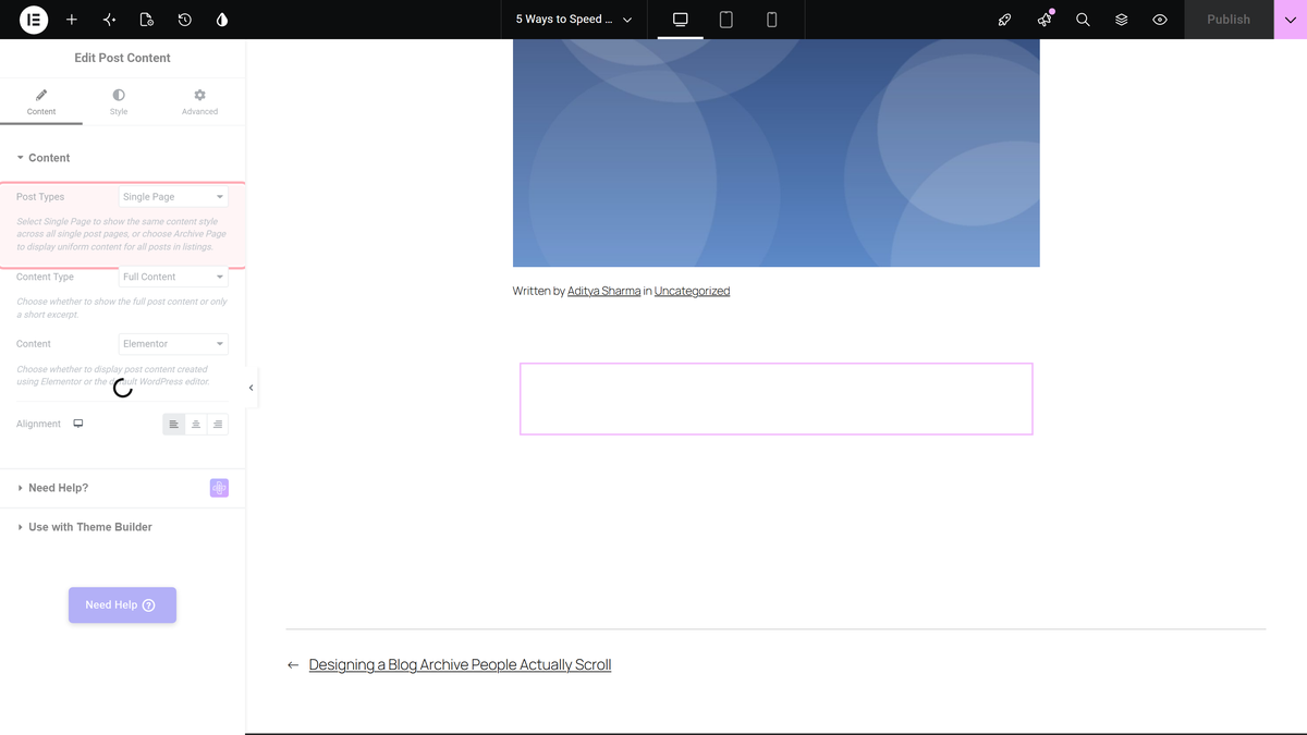 How to Customize Post Content in Elementor Blog Post? Post types dropdown set to single page
