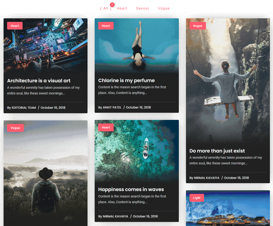 A blog listing with category filter buttons above the posts