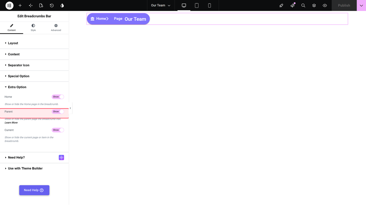 How to Add Breadcrumbs to Elementor Category Page? Extra option section of the breadcrumbs bar widget with the home, parent and current switches