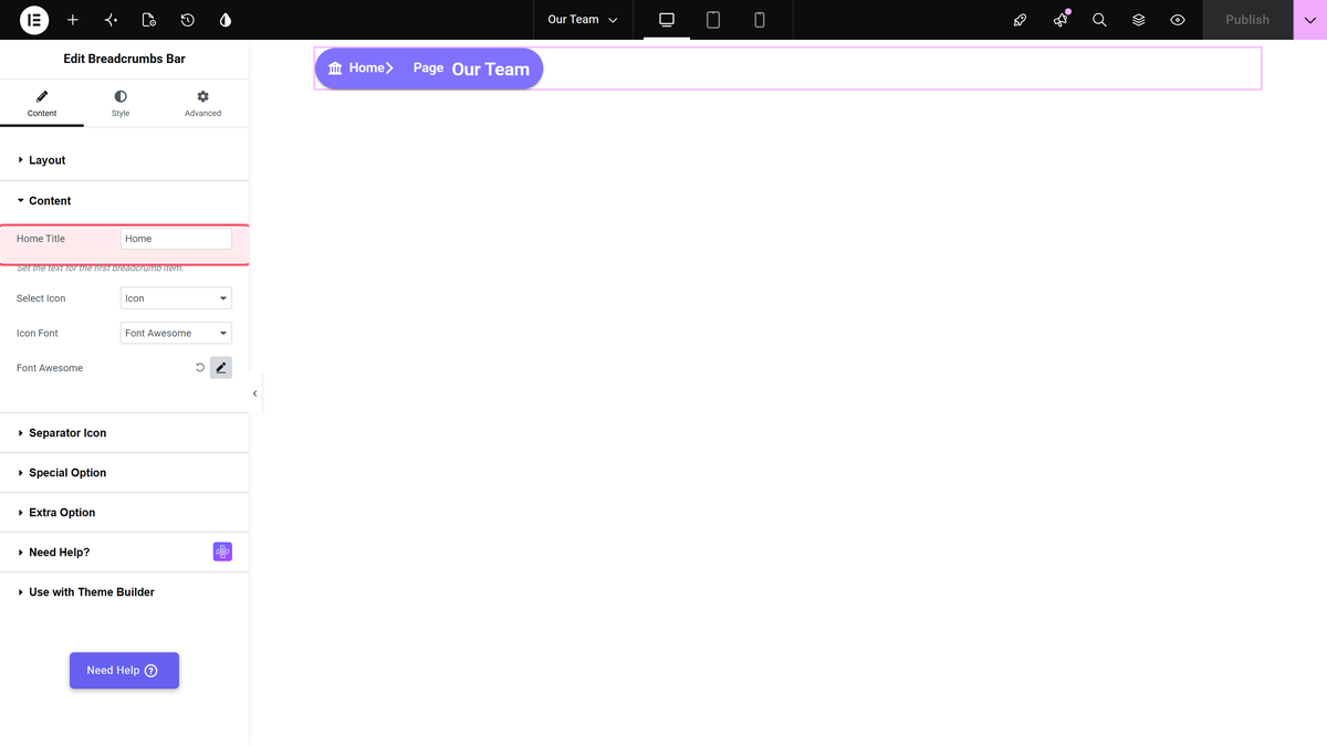 How to Add Breadcrumbs to Elementor Tag Page? Home title field in the content section of the breadcrumbs bar widget, with select icon below it
