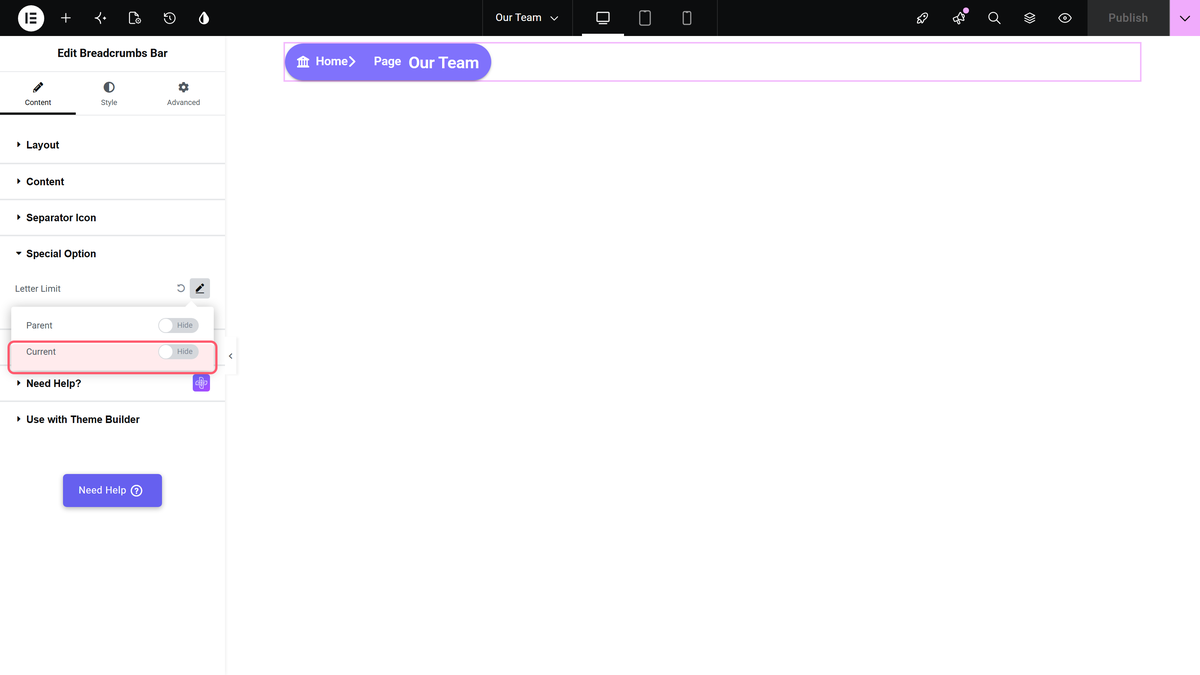 How to Add Breadcrumbs on Blog Post Single Page? Letter limit popover in the special option section with the current switch turned on