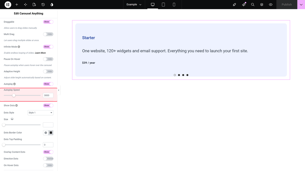 The autoplay switch and autoplay speed slider in the carousel options section of the carousel anything widget
