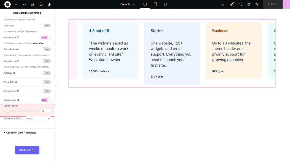 How to increase the size of Center slide in Elementor Carousel? The center mode switch and center padding slider in the carousel options section of the carousel anything widget